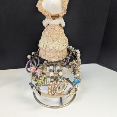 Metal Jewelry Stand & Vintage Porcelain & Lace Lady Earring Tree w/ Costume Earrings