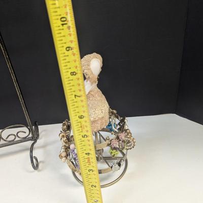 Metal Jewelry Stand & Vintage Porcelain & Lace Lady Earring Tree w/ Costume Earrings