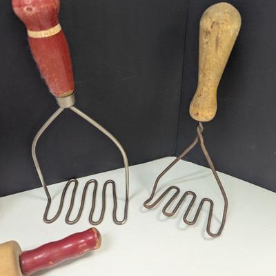 Antique Utensils & Vintage Wooden Handled Potato Mashers