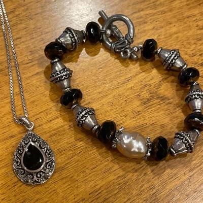 Sterling chain and black onyx pendant with fun bracelet