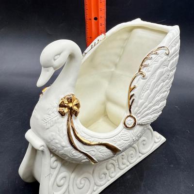 Sale Photo Thumbnail #437: Bisque ceramic with golden accent, can be used a planter or to hold other Christmas-themed items or even small Christmas cards.  Like-new condition, approx. 6.5" tall.