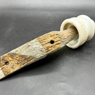 Sale Photo Thumbnail #442: Fully intact, no chips or cracks. Mounted on a white painted wood bracket. Insulator is approx. 4" tall.