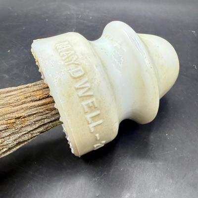 Sale Photo Thumbnail #443: Fully intact, no chips or cracks. Mounted on a white painted wood bracket. Insulator is approx. 4" tall.