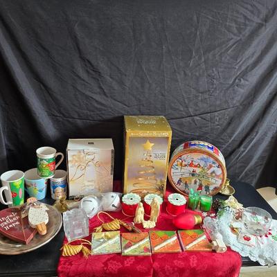 Christmas mugs, and Holiday cheer home decor including tablecloth, stationary and more - some brand new!