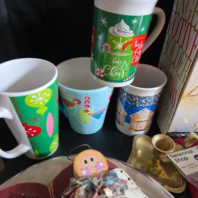 Christmas mugs, and Holiday cheer home decor including tablecloth, stationary and more - some brand new!