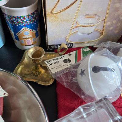 Christmas mugs, and Holiday cheer home decor including tablecloth, stationary and more - some brand new!