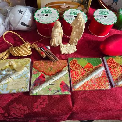 Christmas mugs, and Holiday cheer home decor including tablecloth, stationary and more - some brand new!