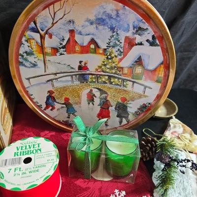 Christmas mugs, and Holiday cheer home decor including tablecloth, stationary and more - some brand new!