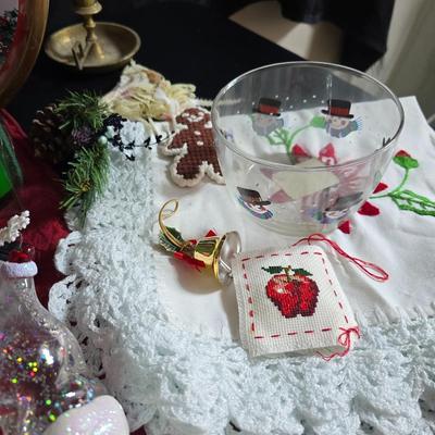 Christmas mugs, and Holiday cheer home decor including tablecloth, stationary and more - some brand new!