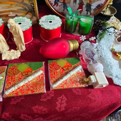 Christmas mugs, and Holiday cheer home decor including tablecloth, stationary and more - some brand new!