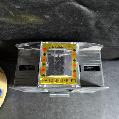 Board games - poker chips - card shuffler machine - Flinch - Dominoes and a deck of cards