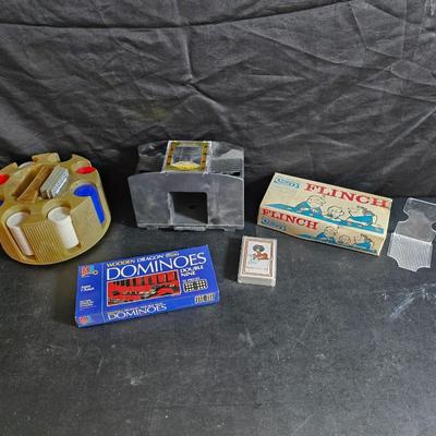 Board games - poker chips - card shuffler machine - Flinch - Dominoes and a deck of cards