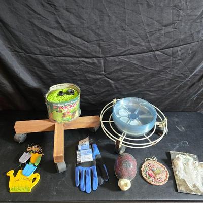 Gardening items - new gloves - plant stands - Pocket hose - Flowerbed decor and more