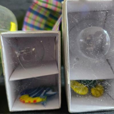 Garden decor - Hanging clothesline bag with new pins - Sunflower wind chime - floating fish - vases and more