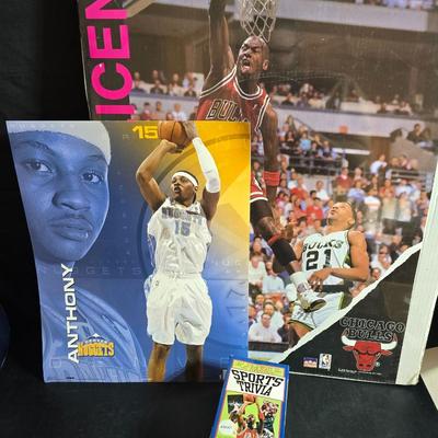 1990 Starline Inc. Chicago Bulls Licensed to Jam poster - Denver Nuggets Anthony poster and a sports trivia book set