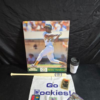Baseball fans! Rickey Henderson poster - Colorado Rockies memorabilia = Unopened pack of upper deck cards - coin - Gary Sheffield popup...