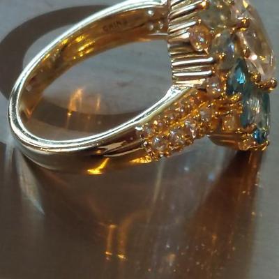 18kt Yellow Gold Plated Blue Topaz Created White Sapphire Ring Sz 7
