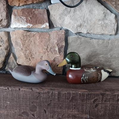 2 WOODEN HAND CARVED DUCKS, 1 IS SIGNED