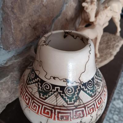 SIGNED "TANNIA" NAVAJO POTTERY AND RESIN TYPE HORSE STATUE