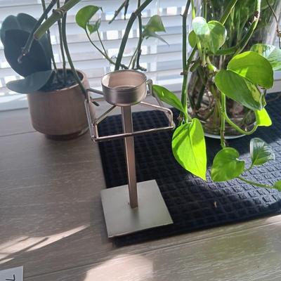 A LIVE PLANT, FAUX ORCHID AND 2 METAL CANDLE HOLDERS