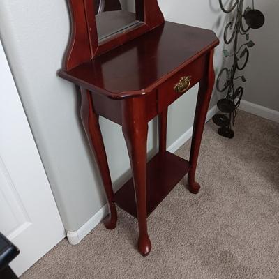 NARROW VANITY WITH MIRROR AND DRAWER PLUS 2 PILLAR CANDLES ON IRON HOLDERS