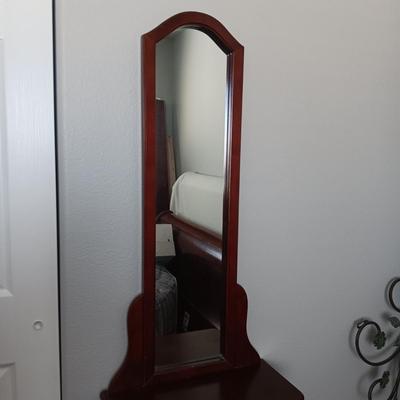 NARROW VANITY WITH MIRROR AND DRAWER PLUS 2 PILLAR CANDLES ON IRON HOLDERS