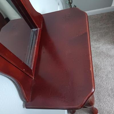 NARROW VANITY WITH MIRROR AND DRAWER PLUS 2 PILLAR CANDLES ON IRON HOLDERS