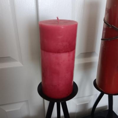 NARROW VANITY WITH MIRROR AND DRAWER PLUS 2 PILLAR CANDLES ON IRON HOLDERS