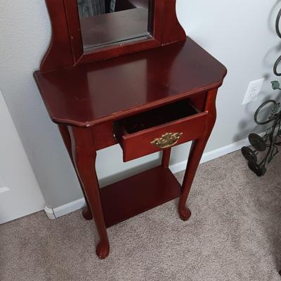 NARROW VANITY WITH MIRROR AND DRAWER PLUS 2 PILLAR CANDLES ON IRON HOLDERS