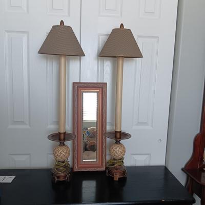 2 TALL TABLE LAMPS AND A FRAMED WALL MIRROR