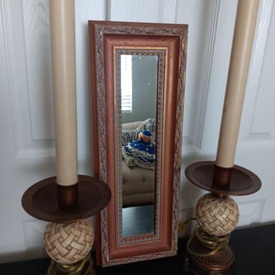 2 TALL TABLE LAMPS AND A FRAMED WALL MIRROR