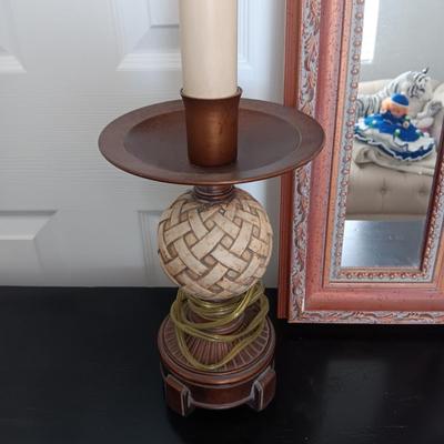 2 TALL TABLE LAMPS AND A FRAMED WALL MIRROR