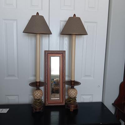 2 TALL TABLE LAMPS AND A FRAMED WALL MIRROR