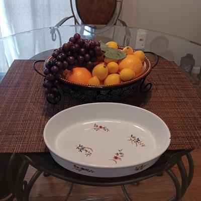 FAUX FRUIT AND 2 BAKING DISHES
