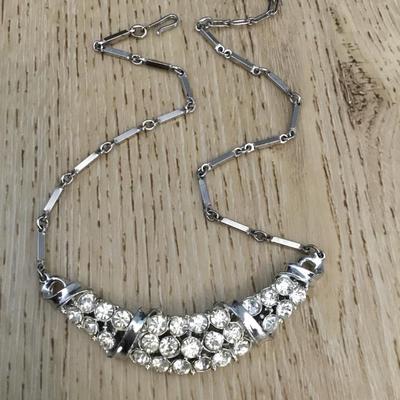 Vintage Silver tone, rhinestone, art deco collar necklace