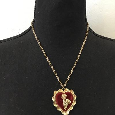 Rare, vintage, gold tone, red velvet heart, love, Valentine, pendant necklace