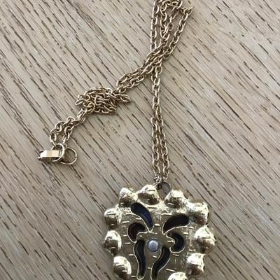 Rare, vintage, gold tone, red velvet heart, love, Valentine, pendant necklace