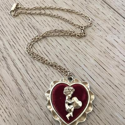 Rare, vintage, gold tone, red velvet heart, love, Valentine, pendant necklace