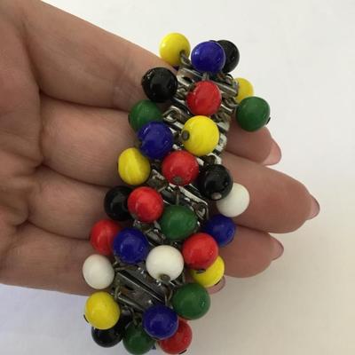 Vintage 1950s 40s multicolored bead stainless steel stretch flex band cha cha bracelet