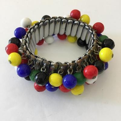Vintage 1950s 40s multicolored bead stainless steel stretch flex band cha cha bracelet