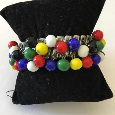 Vintage 1950s 40s multicolored bead stainless steel stretch flex band cha cha bracelet