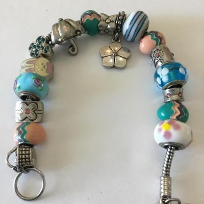 Cute vintage Silver tone glass & enamel Easter bead charm bracelet