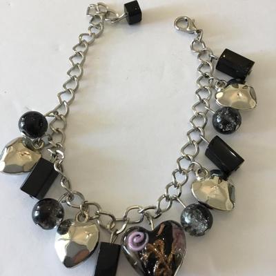 Cute Silver tone heart charm bracelet, glass heart charm bracelet