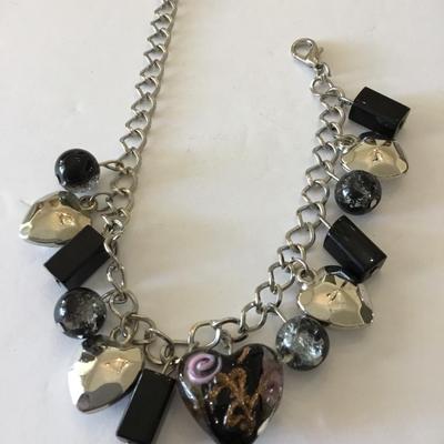 Cute Silver tone heart charm bracelet, glass heart charm bracelet