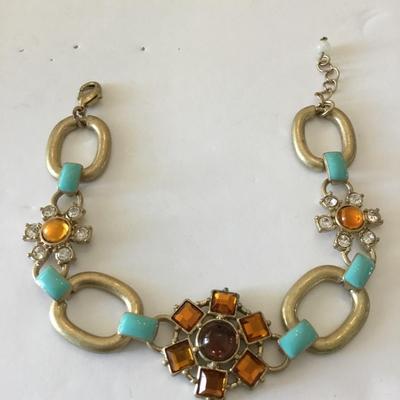 Really pretty gold tone Amber rhinestone turquoise enamel bracelet