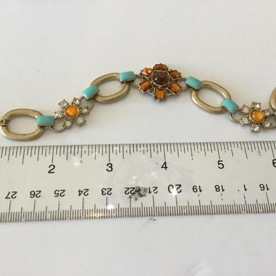 Really pretty gold tone Amber rhinestone turquoise enamel bracelet