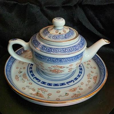 Vintage Chinese “Ling Long” Rice Grain Porcelain Teapot & Saucer — Ranger Imports, Norcross, Georgia
