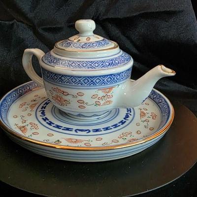 Vintage Chinese “Ling Long” Rice Grain Porcelain Teapot & Saucer — Ranger Imports, Norcross, Georgia