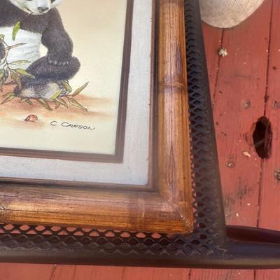 Sale Photo Thumbnail #73: This is a framed, vintage lithograph print of a giant panda, signed by artist Charles Frace. 
The print is titled "Chinese Treasure".