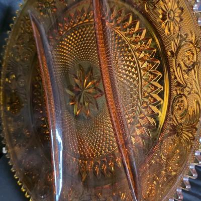 Vintage Indiana Glass Tiara “Sandwich” Amber Three-Section Relish Tray – 1970s Pressed Glass Server with Floral Scroll Design